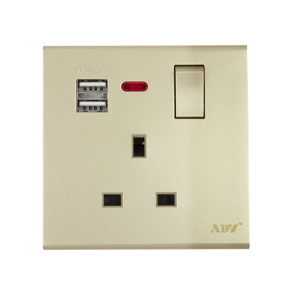 ADY مقبس حائط ثلاثي K11ZBSL-2USB-13 مع مفتاح تشغيل ومنفذين يو اس بي 13 أمبير - ذهبي
