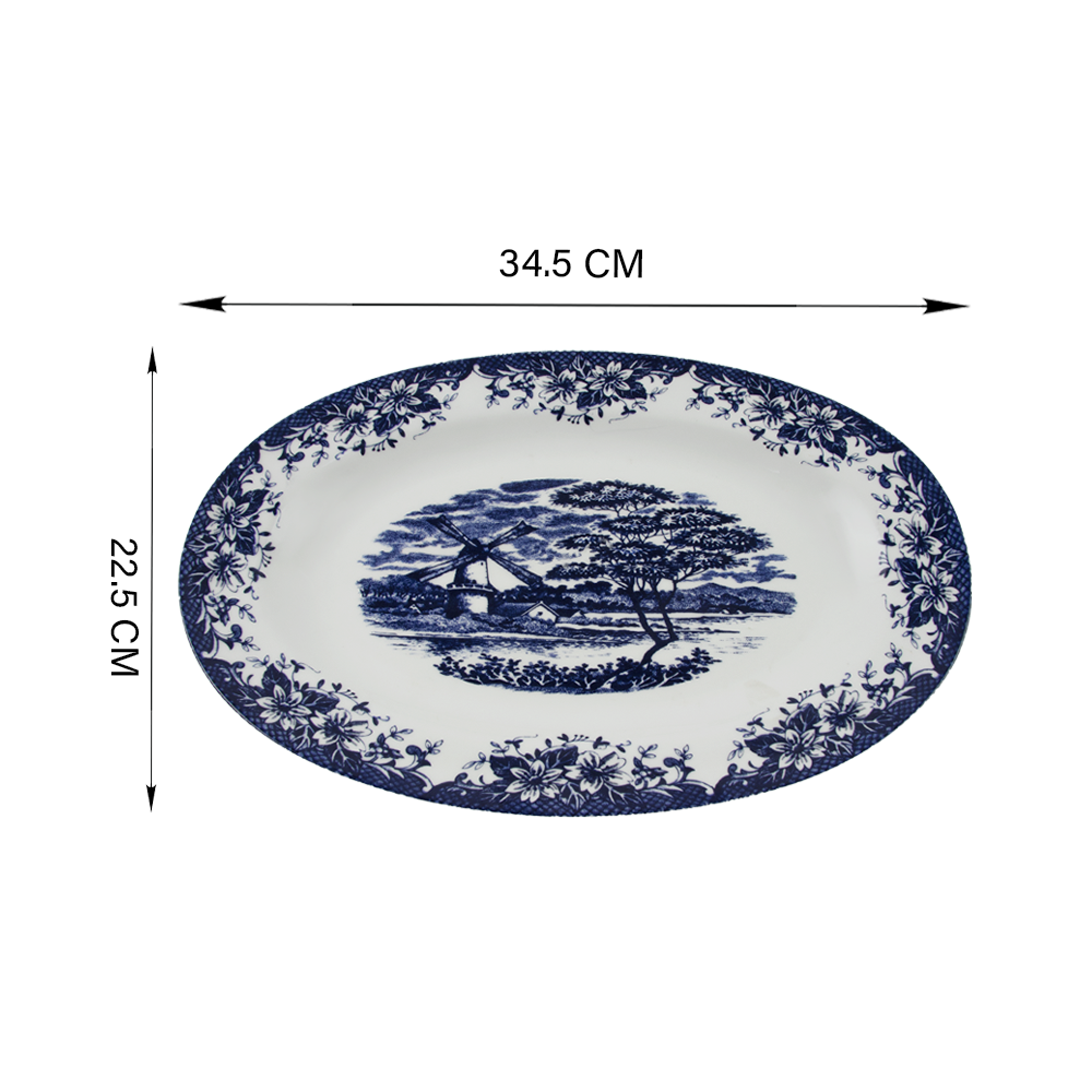 صحن بيضاوي بورسلان بنقش ازرق بطول 22.5سم