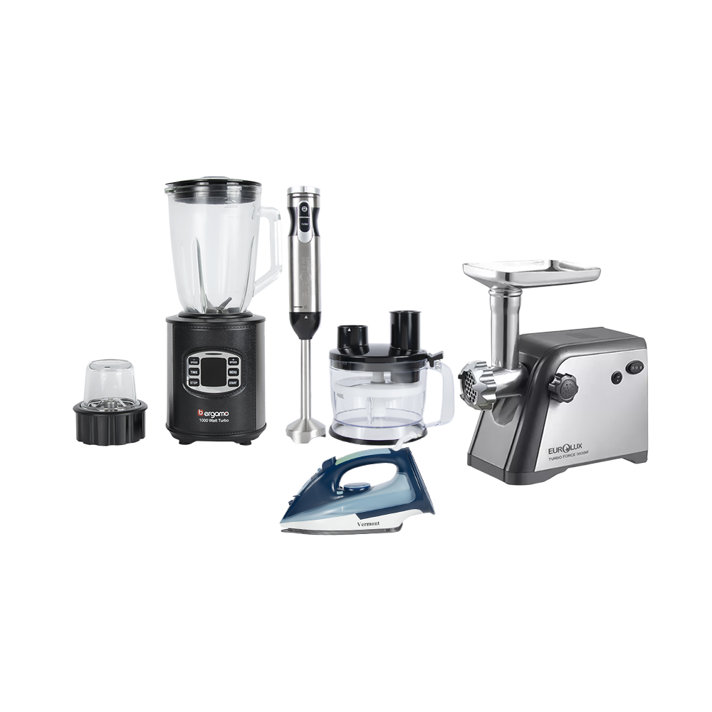 باكج 4 في 1 مكون من خلاط يدوي بسعة 1000 وات وخلاط بسعة 1.5 لتر بقوة 1000 وات وفرامة لحم بقوة 3600 وات، بالإضافة إلى مكواة بخار بقوة 2200 وات