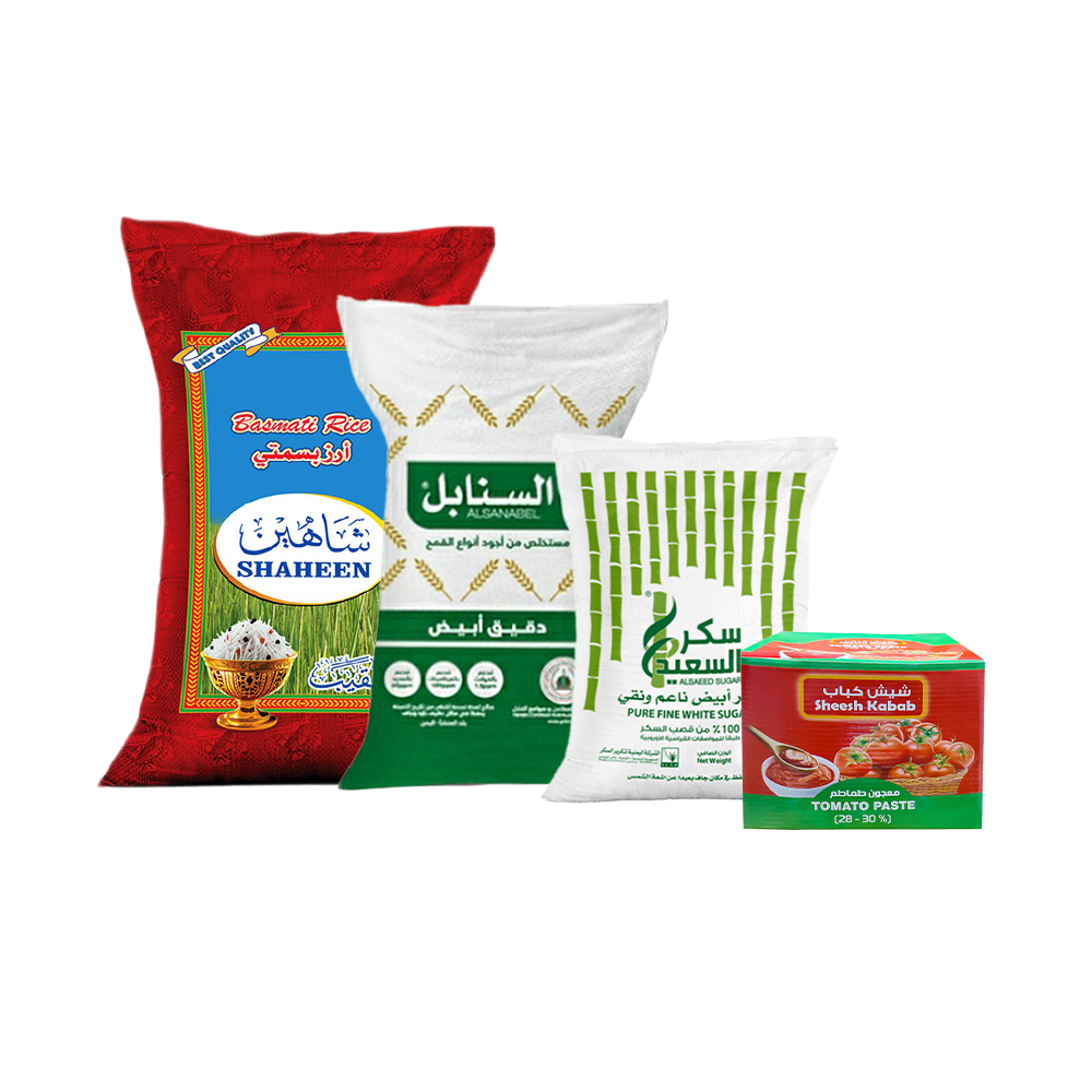 باكج 4*1 من شاهين أرز بسمتي 20 كجم و السعيد سكر أبيض 5 كجم والسنابل دقيق أبيض 10 كجم و شيش كباب معجون طماطم 70 جم