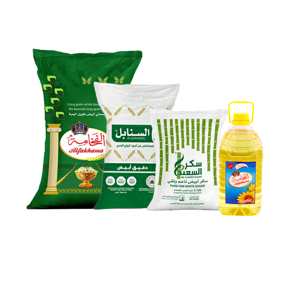 باكج 4*1 من الفخامة أرز بسمتي 20 كجم، الفخامة زيت نقي 5 لتر، السعيد سكر أبيض 5 كجم و السنابل دقيق أبيض 10 كجم