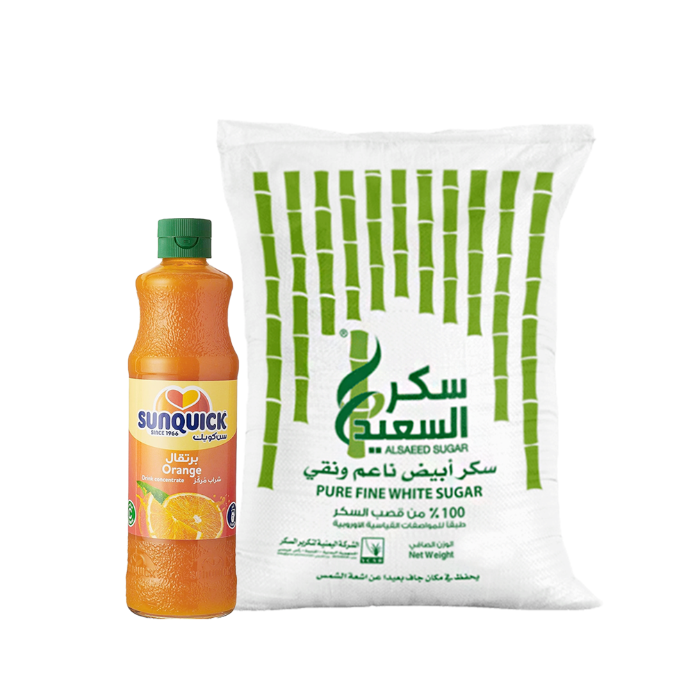 باكج 2*1 من السعيد سكر 5 كجم و سانكويك شراب مركز بالبرتقال 700 مل