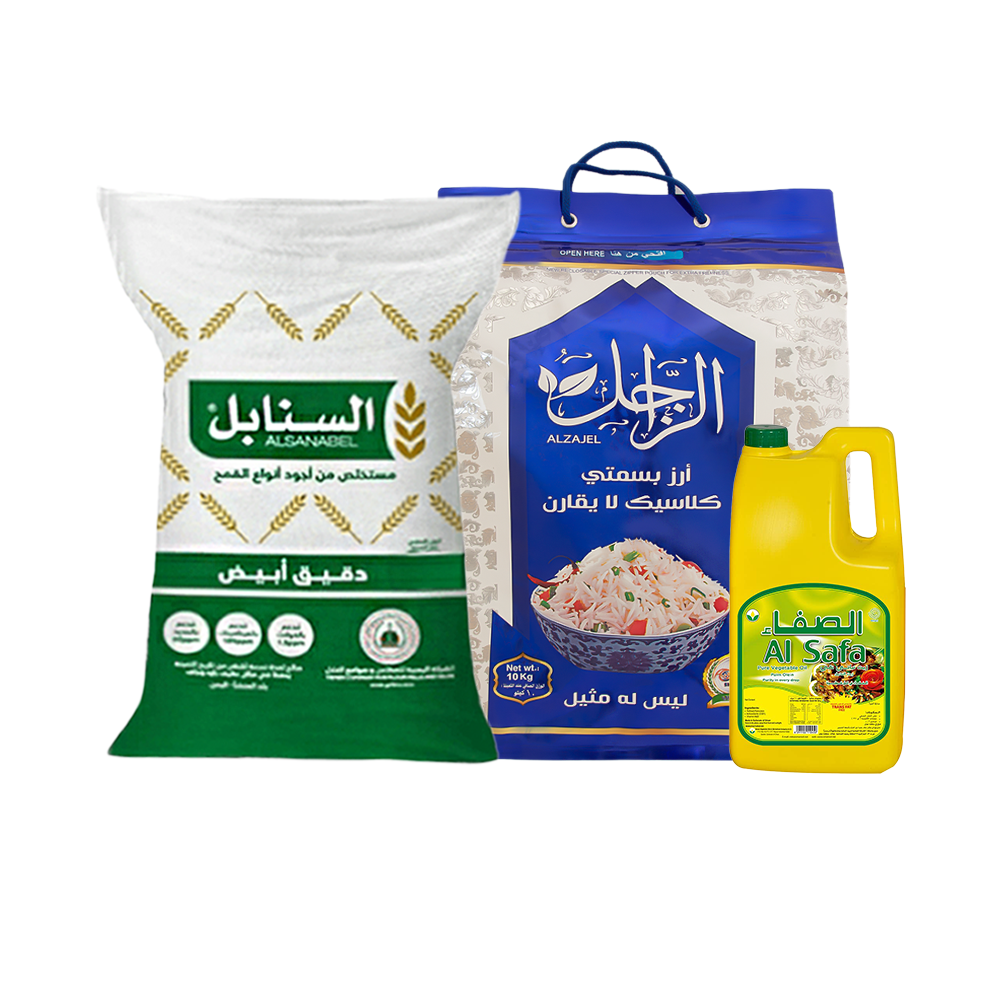 باكج أساسيات المطبخ من الصفاء زيت نباتي أولين النخيل 4 لتر و الزاجل أرز بسمتي نقاء وطعم متميز 10 كجم و السنابل دقيق أبيض طبيعي - 10 كيلو