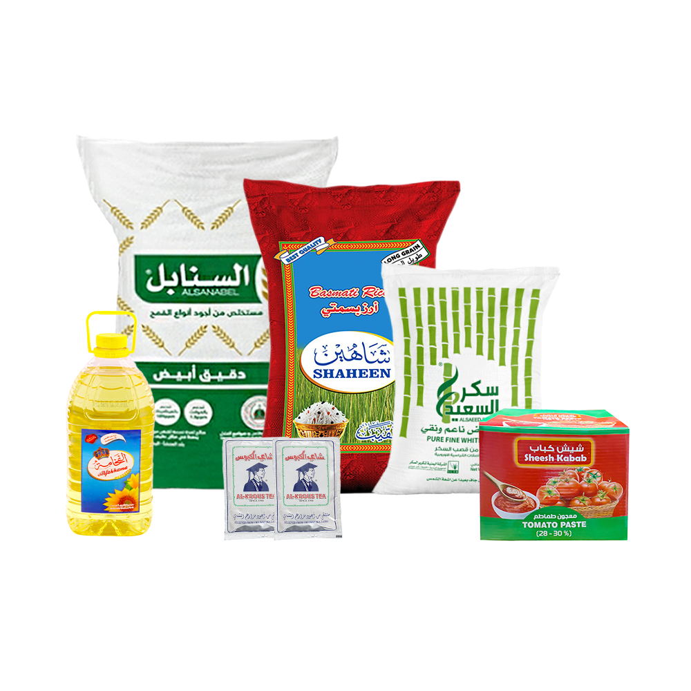 باكج اساسيات المطبخ من شاهين أرز فاخر 20 كجم، السنابل دقيق طبيعي 25 كجم ، الفخامة زيت راقي 5 لتر ، نسايم معجون طماطم 70 جم، الكبوس شاي بجودة عالية عدد 2 باكت 250 جم و السعيد سكر - 10 كجم