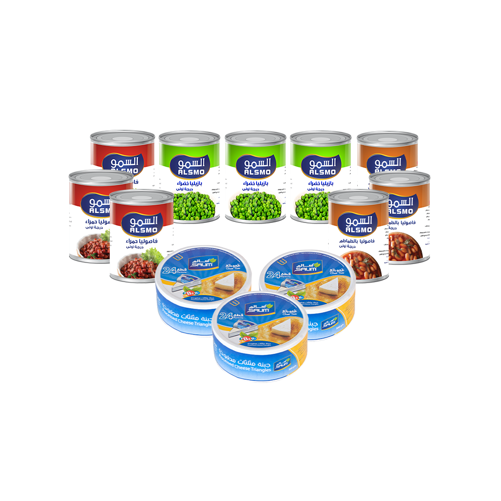 باكج المطبخ من سالم جبنة مثلث عدد 3 باكت، السمو فاصوليا حمراء عدد 3 علب، السمو فاصوليا بيضاء بطماطم عدد 3 علب والسمو بازلياء صحية -عدد 3 علب