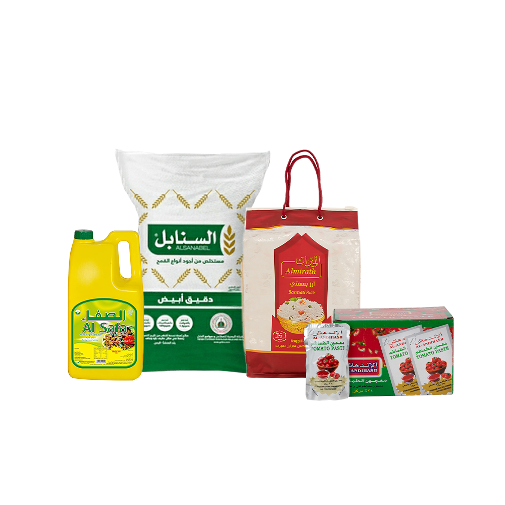 باكج المطبخ من الميراث أرز بسمتي 5 كجم، الصفاء زيت نقي 4لتر ، السنابل دقيق أبيض 10 كجم و الاندهاش معجون طماطم عدد باكت - 70 جم