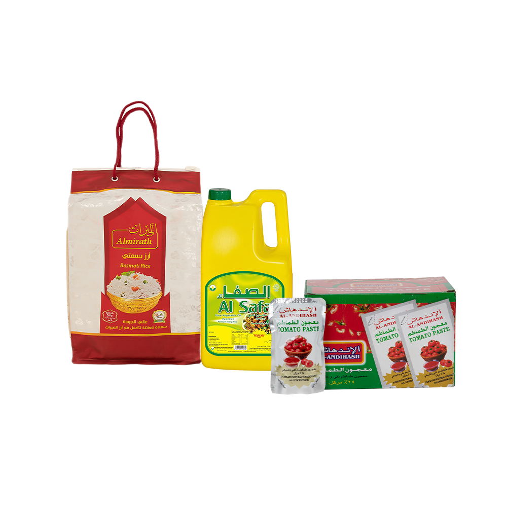 باكج المطبخ من الميراث أرز بسمتي 5 كجم، الصفاء زيت نقي 4لتر و الاندهاش معجون طماطم باكت - 70 جم