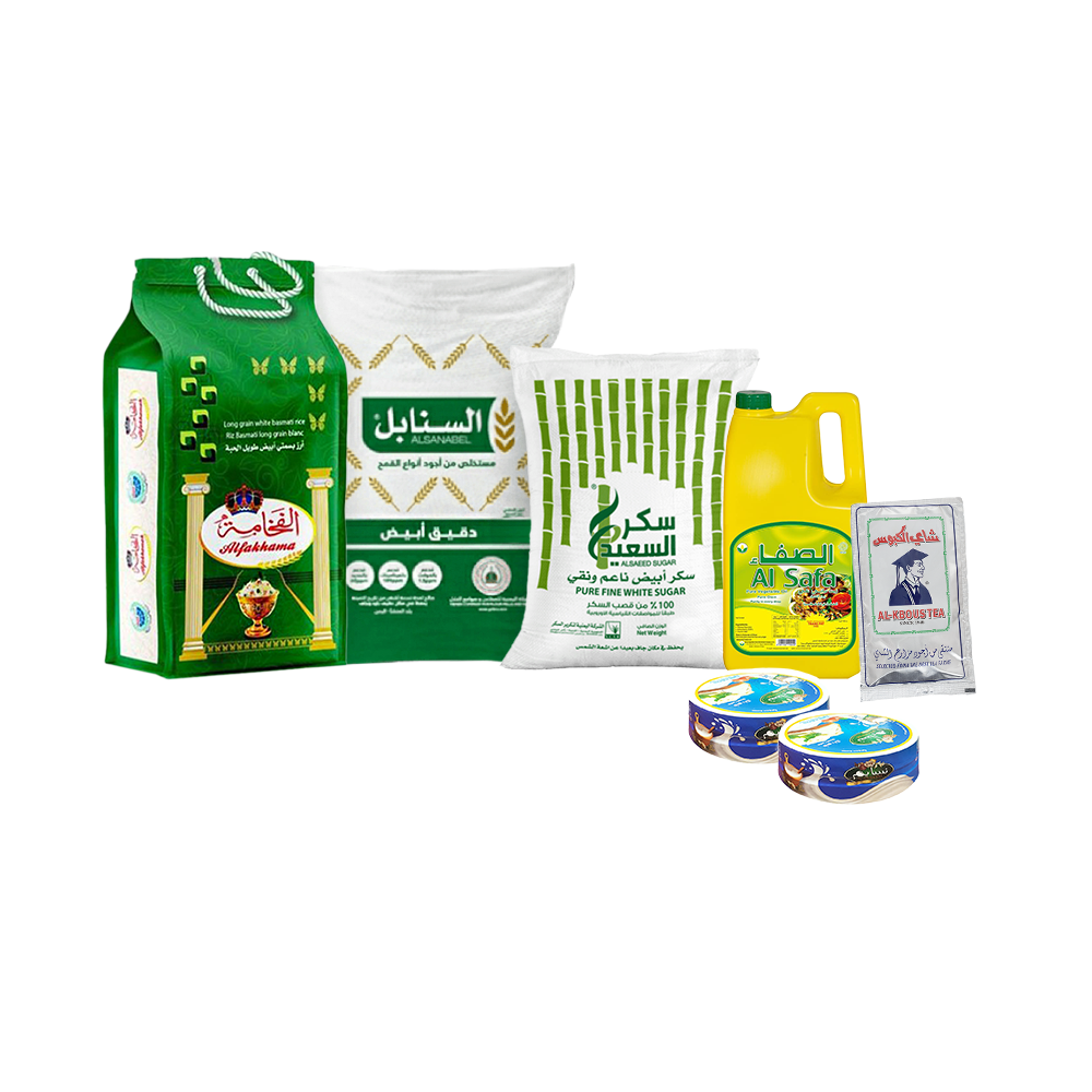 باكج من الفخامة أرز بسمتي 10 كجم، السعيد سكر أبيض 5 كجم، السنابل دقيق أبيض 10 كجم، الصفاء زيت نباتي 4 لتر، نسائم جبنة مثلث عدد 2 باكت و الكبوس ورق شاهي - 250 جم