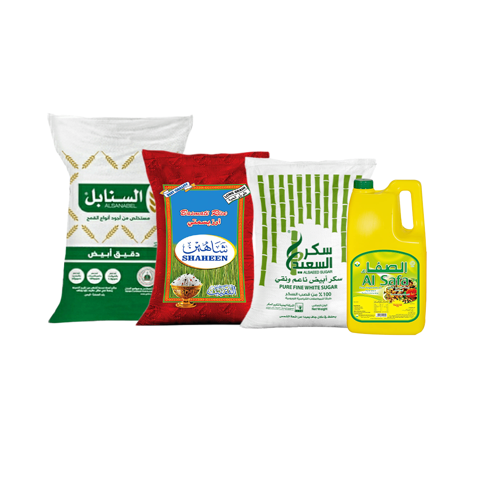 باكج التجهيزات الأساسية من الشاهين أرز بسمتي 5 كجم ، السعيد سكر أبيض 5 كجم، السنابل دقيق أبيض 10 كجم و الصفاء زيت نباتي 4 لتر