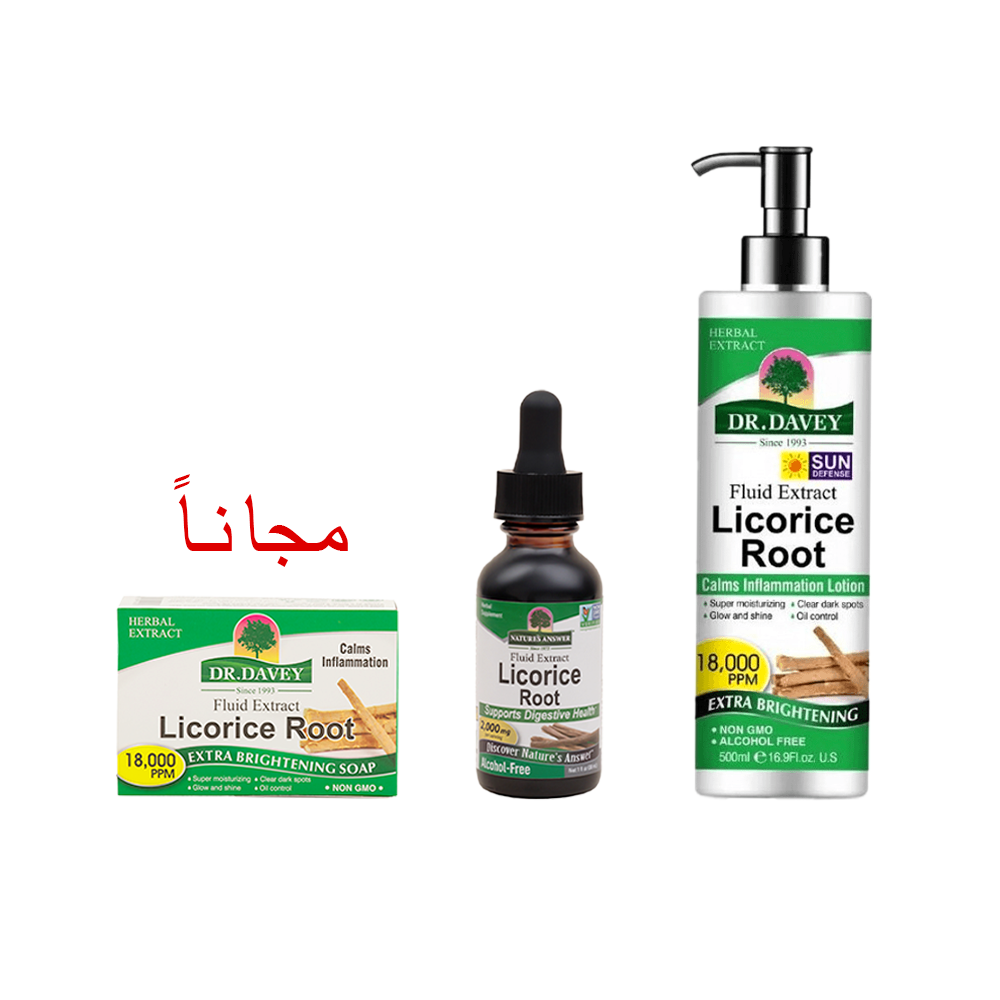 باكج العناية بالبشرة من لوشن دكتور ديفي بخلاصة جذور عرق السوس 500 مل و ناتشرز انسر سيروم عرق السوس - سعة 30 مل - صابون اضافي لدكتور ديفي 100 جم كهدية مجانية