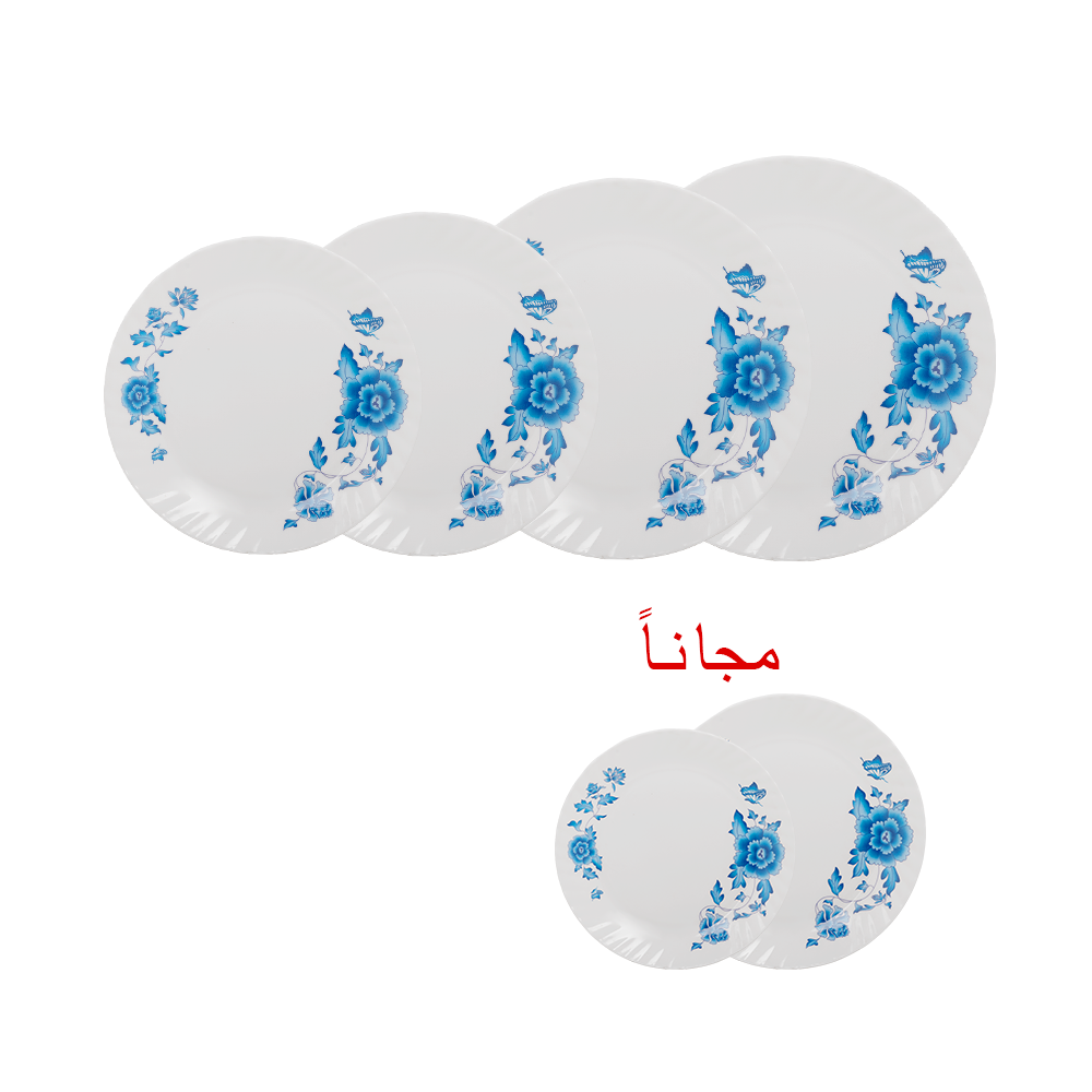 باكج أطباق الميلامين المسطحة بتصميم زهور زرقاء عدد 4 وكهدية مجانية عدد 2 من الاطباق
