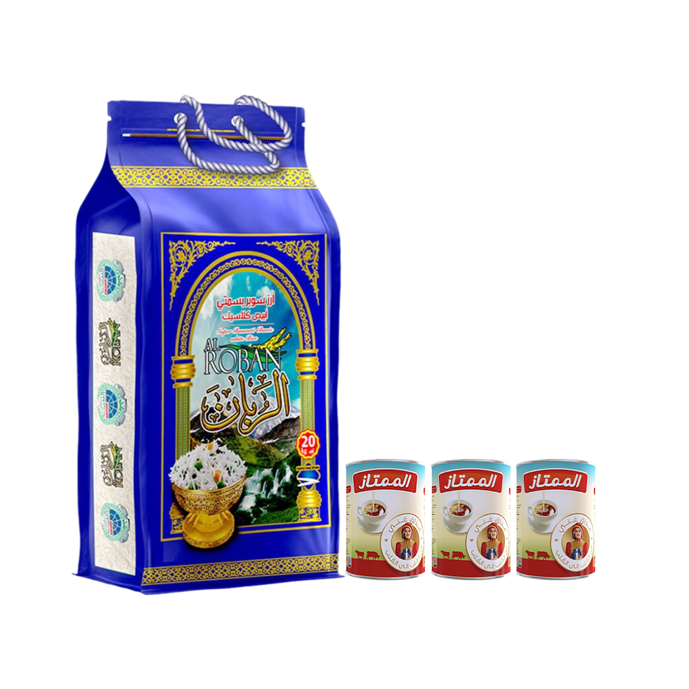 باكج 1*2 من الربان أرز بسمتي 20 كجم و الممتاز حليب مركز عد 3 علب - 400 جم