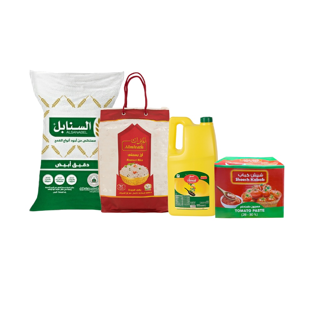باكج المطبخ من الميراث أرز بسمتي 5 كجم، أمل زيت نقي 4لتر ، السنابل دقيق أبيض 10 كجم و نسائم معجون طماطم شيش كباب عدد 25 حبة - 70جم