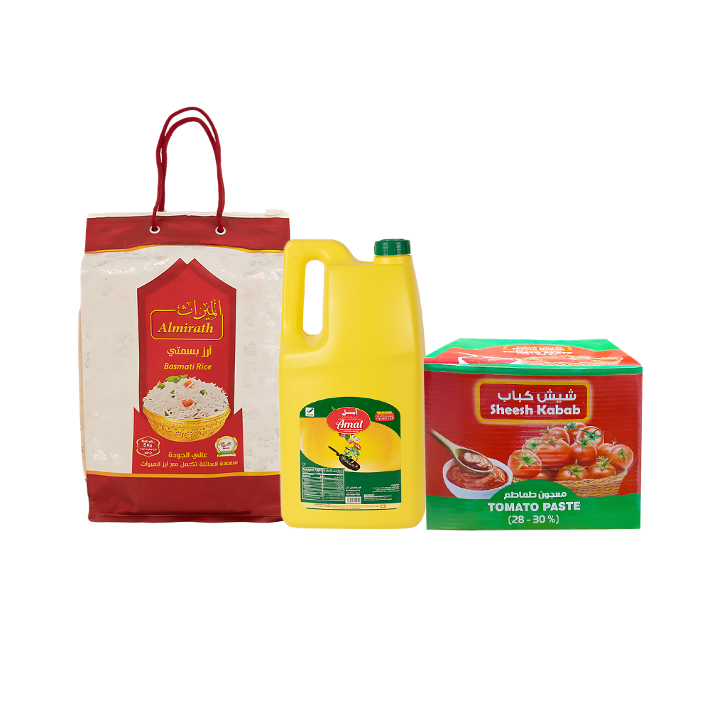 باكج المطبخ من الميراث أرز بسمتي 5 كجم، أمل زيت نقي 4لتر و نسائم معجون طماطم شيش كباب عدد 25 حبة - 70جم