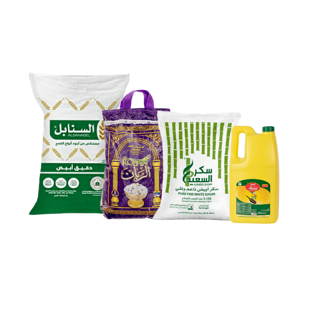 باكج 1*4 من أرز الربان الفاخر بوزن 5كجم ،السعيد سكر أبيض 5كجم ، السنابل دقيق أبيض 10 كجم وأمل زيت نباتي نقي 4 لتر