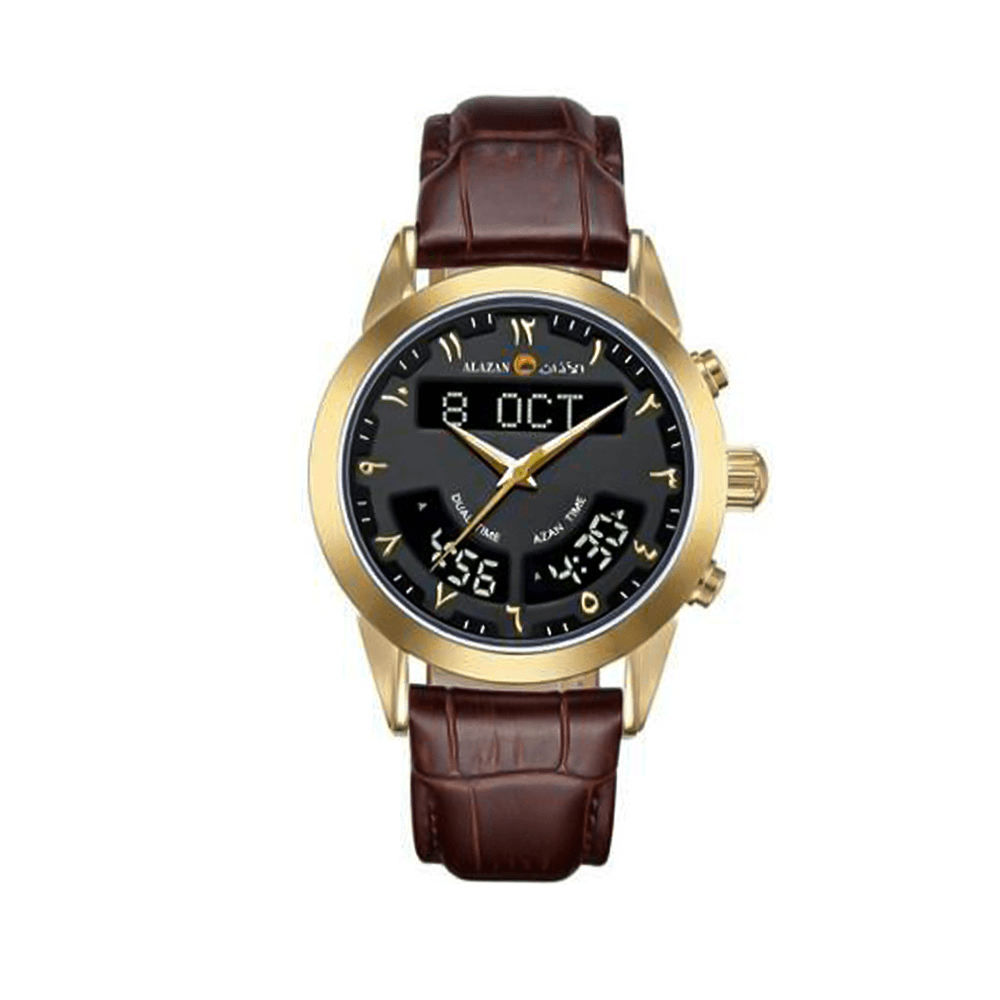 الاذان ساعة جلد بشكل دائرية ضد الخدش وبتوقيت مزدوج