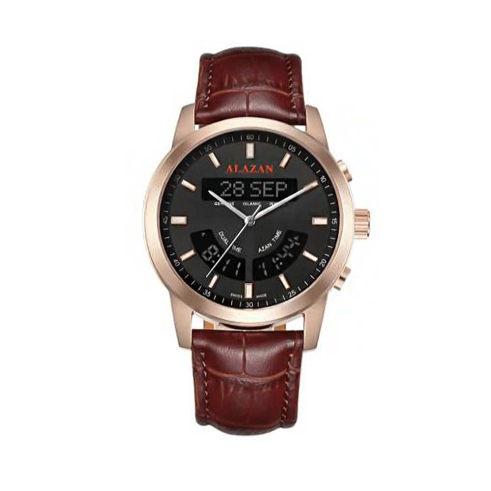 الاذان ساعة جلد بشكل دائرية ضد الخدش وبتوقيت مزدوج