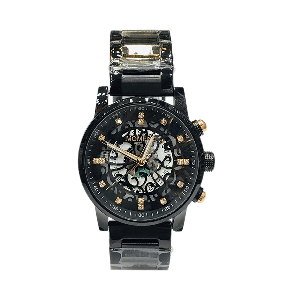 مومينت ساعة يد عصرية بتقويم عقارب وبميناء باللون الاسود