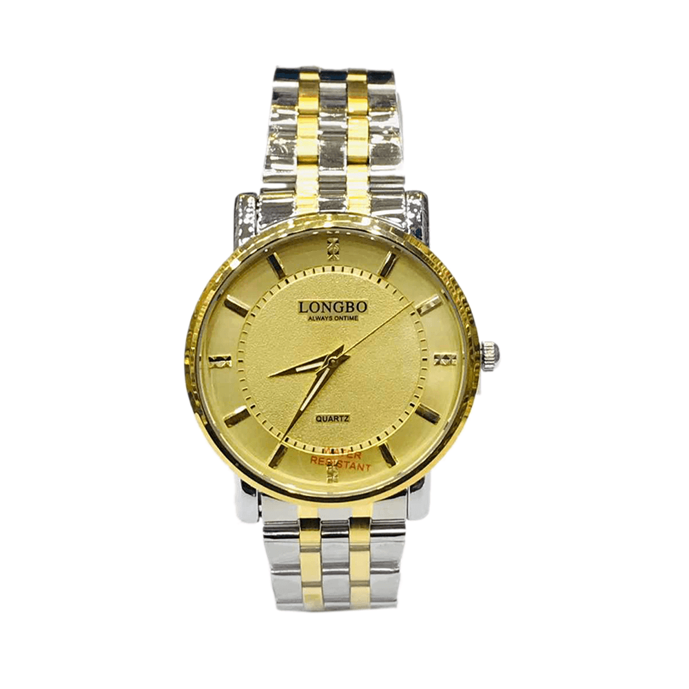 لونج بو ساعة يد عصرية بشكل دائري وبميناء باللون الذهبي