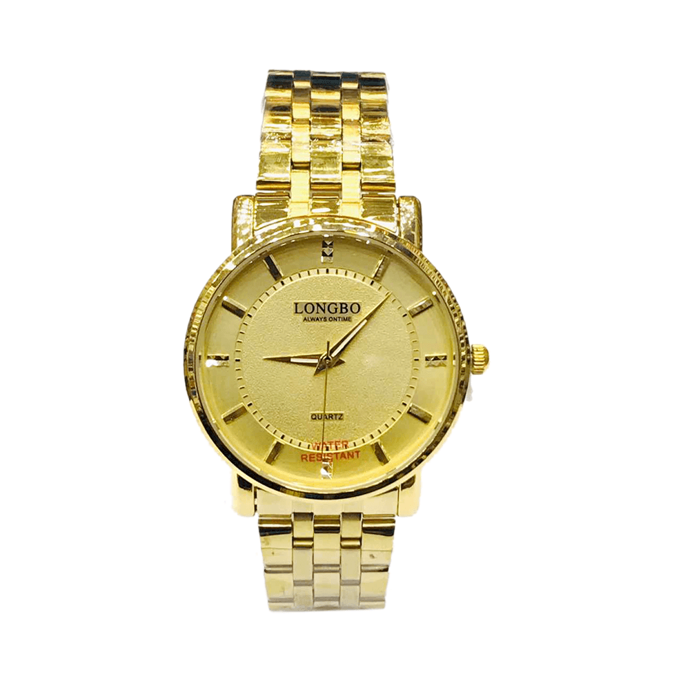 لونج بو ساعة يد عصرية بشكل دائري وبميناء باللون الذهبي