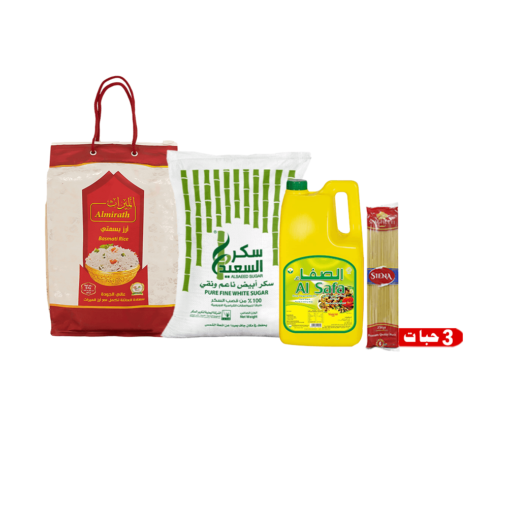 باكج 4 في 1  الميراث أرز بسمتي 5 كجم ،الصفاء زيت أولين نباتي نقي 4 لتر،السعيد سكر أبيض 5 كجم وسيناء مكرونة سباغيتي عدد 3 قطع - 250 جم