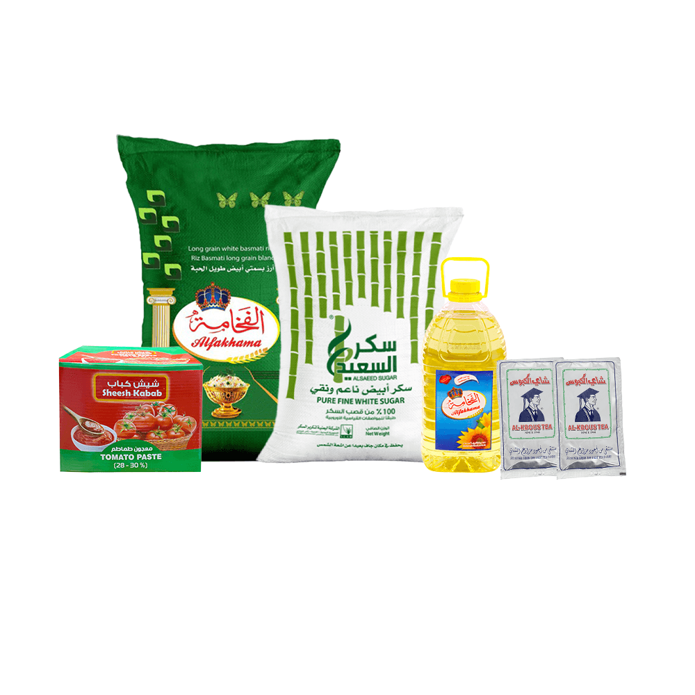 باكج 6في 1 الفخامة أرز بسمتي بوزن 20 كجم ،سكر السعيد بوزن 10 كيلو،الفخامة زيت راقي بحجم 5 لتر، نسايم معجون طماط بوزن 70جم والكبوس شاي بجودة عالية - عدد2 باكت بوزن 250 جم