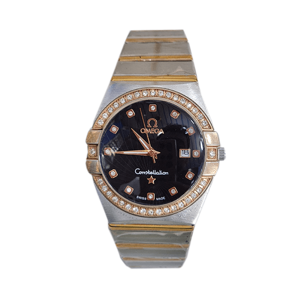 أوميجا ساعة يد دائرية بميناء أسود - تناظرية