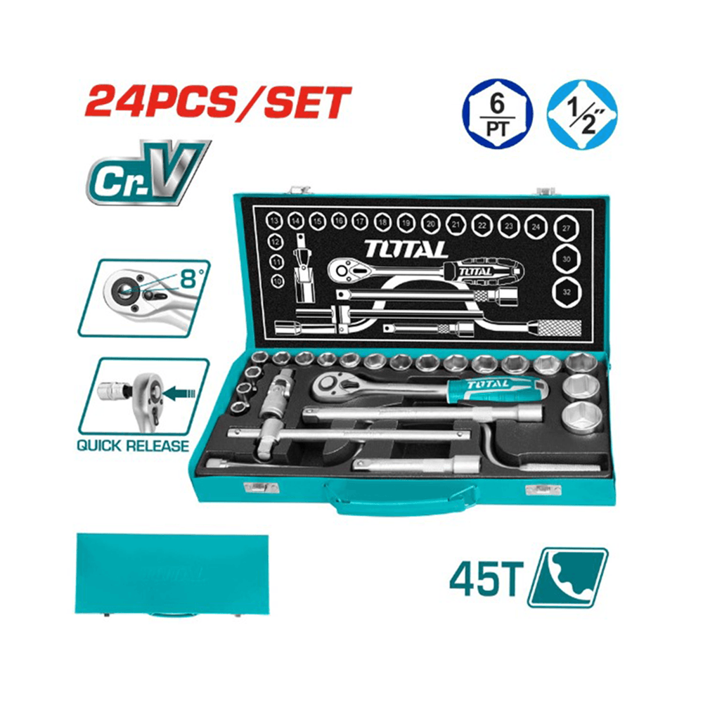 توتال تولز مجموعة أدوات سوكت بحجم 1/2 إنش -24 قطعة