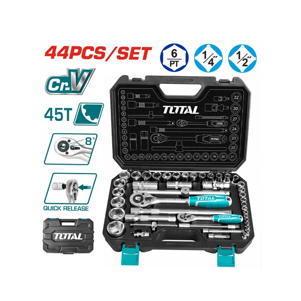 توتال تولز مجموعة أدوات سوكت بحجم 1/4 إنش و 1/2 إنش - 44 قطعة