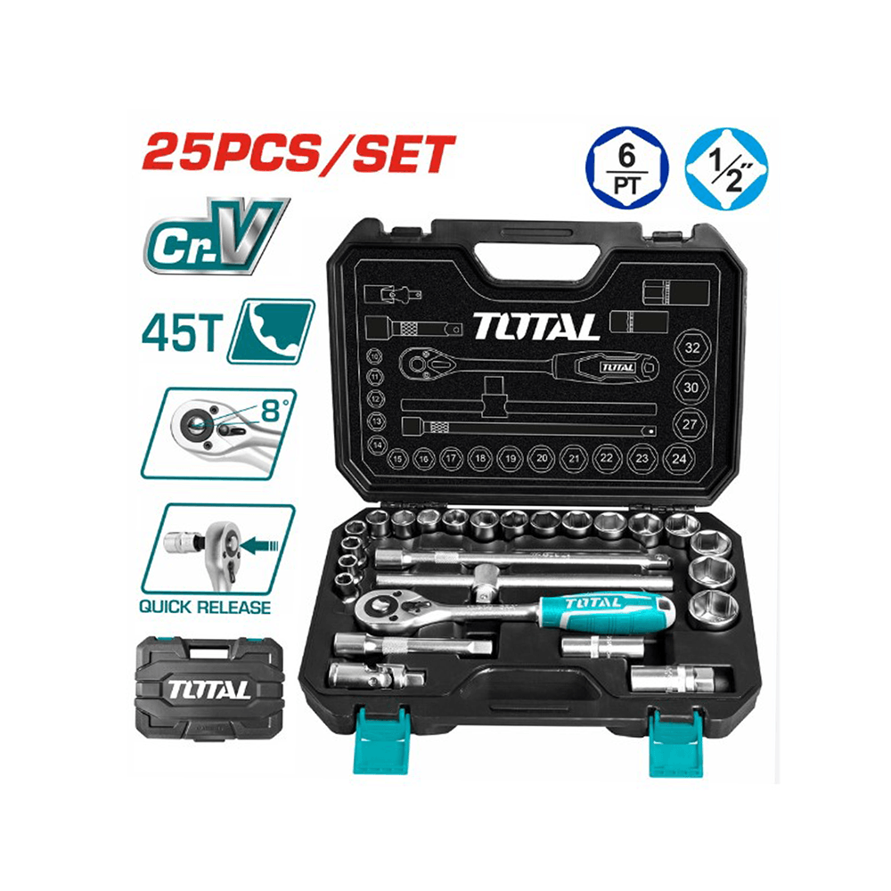 توتال تولز مجموعة أدوات سوكت بحجم 1/2 إنش - 25 قطعة