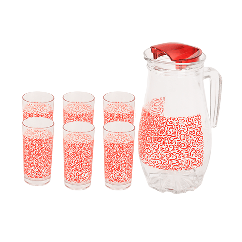 ميج - جاك زجاجي وستة كاسات بزخارف ونقوش باللون الاحمر 