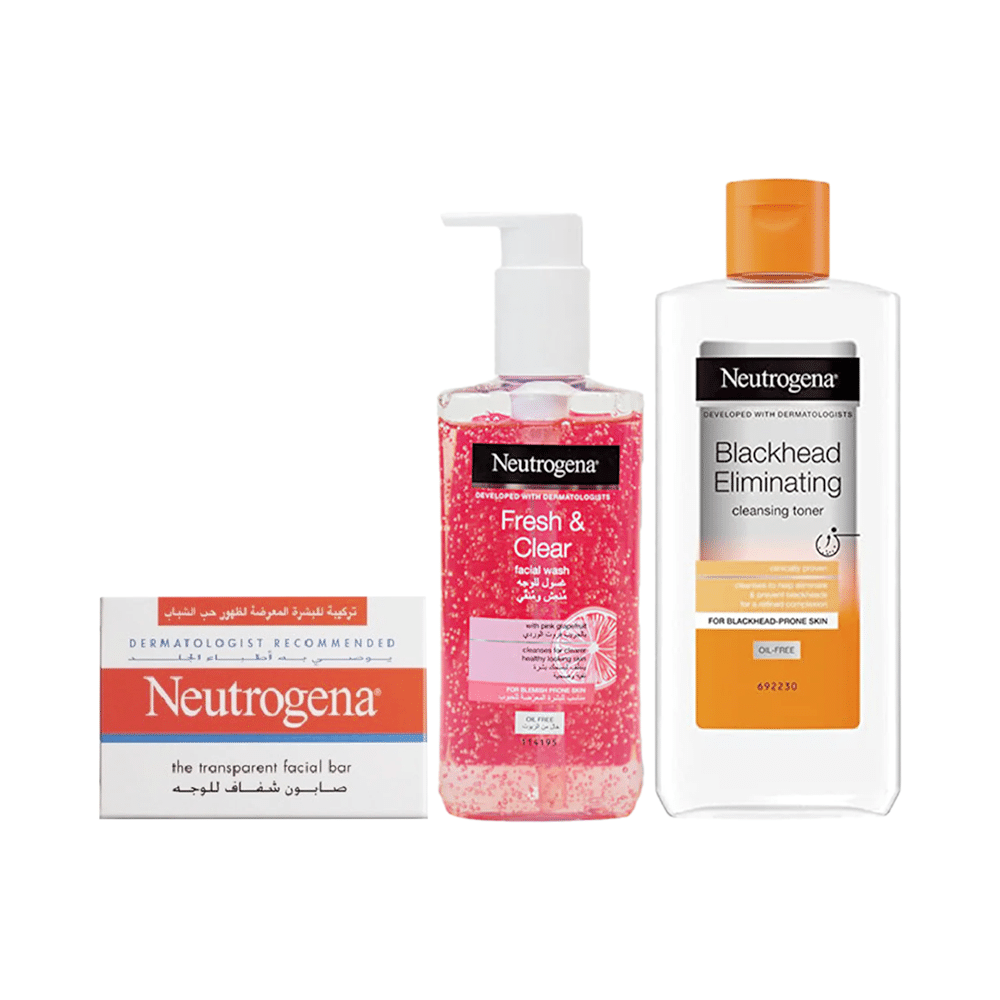 باكج 3في 1 نيتروجينا صابون للبشرة المعرضة لحب الشباب 100 جم ، غسول فيزيبلي كلير الوردي بالجريب فروت 200 مل و-نيتروجينا تونر لازالة الرؤوس السوداء - 200 مل