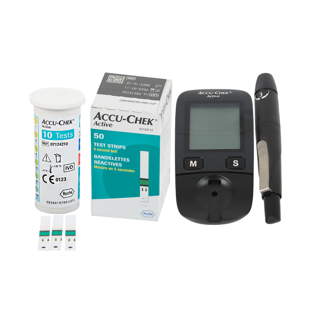 باكج 2 في 1 روش اكيوتشيك أكتيف جهاز تحليل السكر في الدم وأكتيف شرائط اختبار مستوى السكر - 50 شريط
