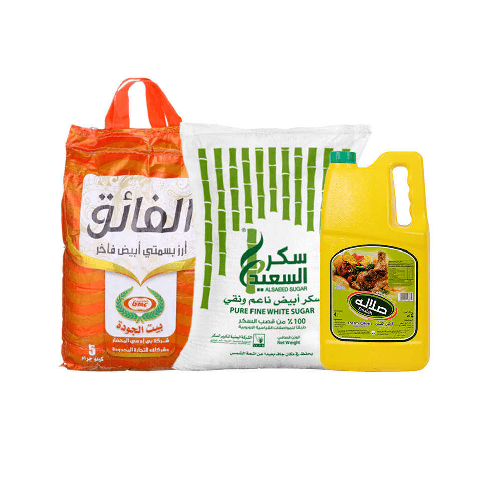 باكج3*1الفائق أرز بسمتي أبيض 5 كجم ،السعيد سكر أبيض 5 كجم وصلالة زيت اولين النخيل النباتي - 4 لتر