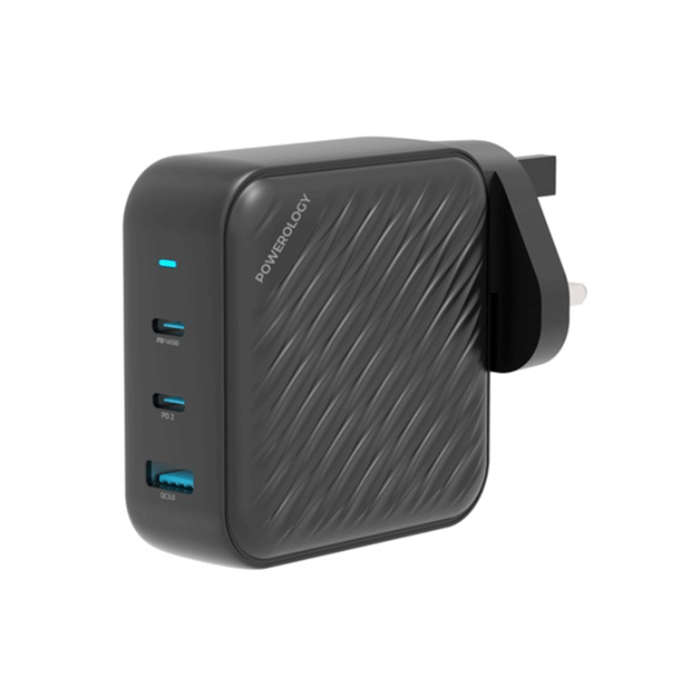 باورولوجي شاحن PD QC بـ 2 منفذ USB-C و 1 منفذ USB-A من نوع GaN - 140 واط
