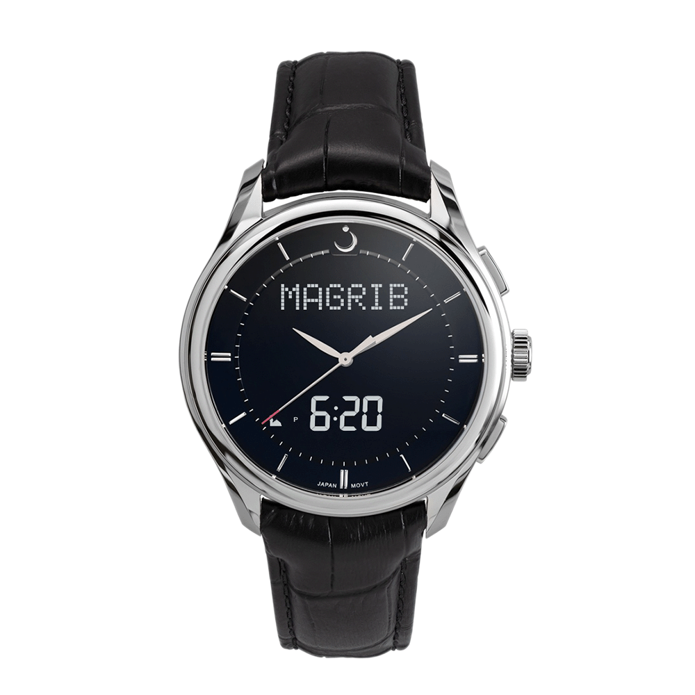 الفجر ساعة يد بهيكل فولاذ وسوار جلد أسود - موديل WW-22L
