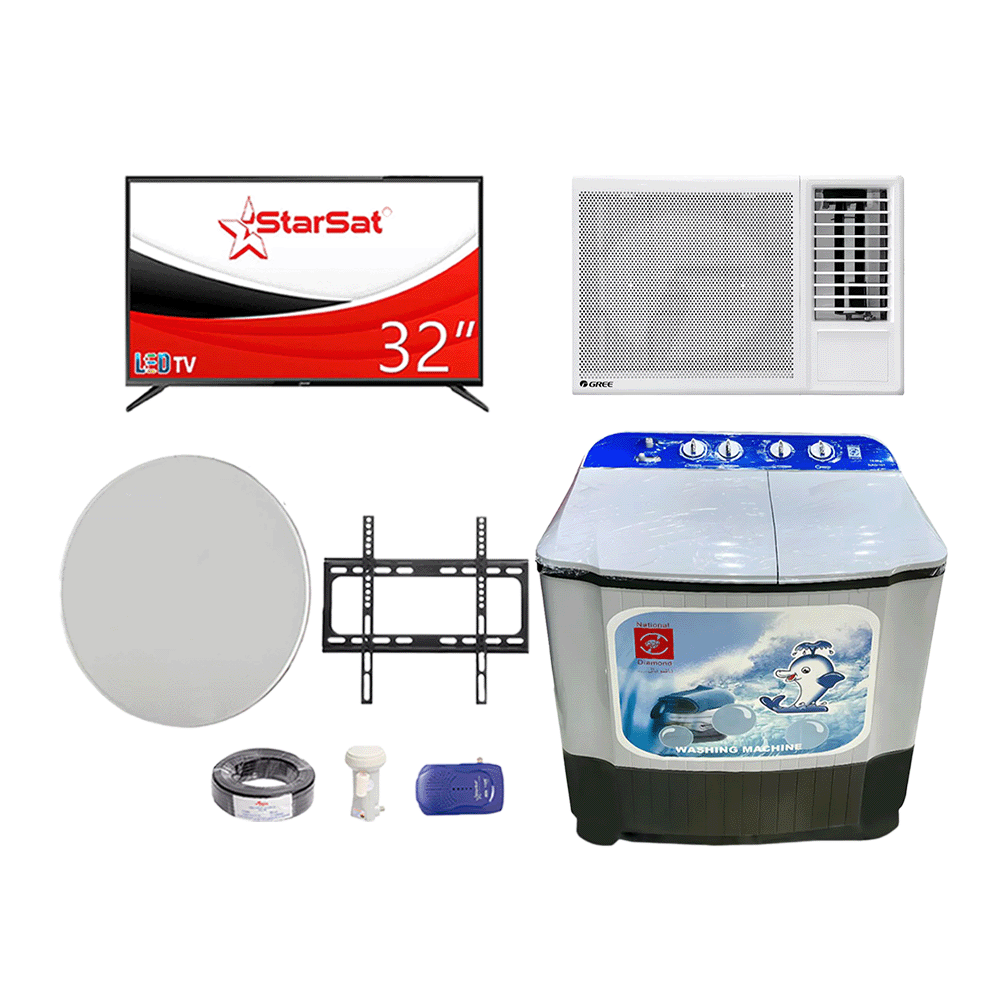 باكج متكامل 8 في 1 تلفزيون ورسيفر وصحن مع ملحقات استثنائية ،ناشونال دايموند غسالة ملابس حوضين سعة 10 كجم - قوة 225 واط وجري مكيف نافذة تروبيكال - سعة 1 طن