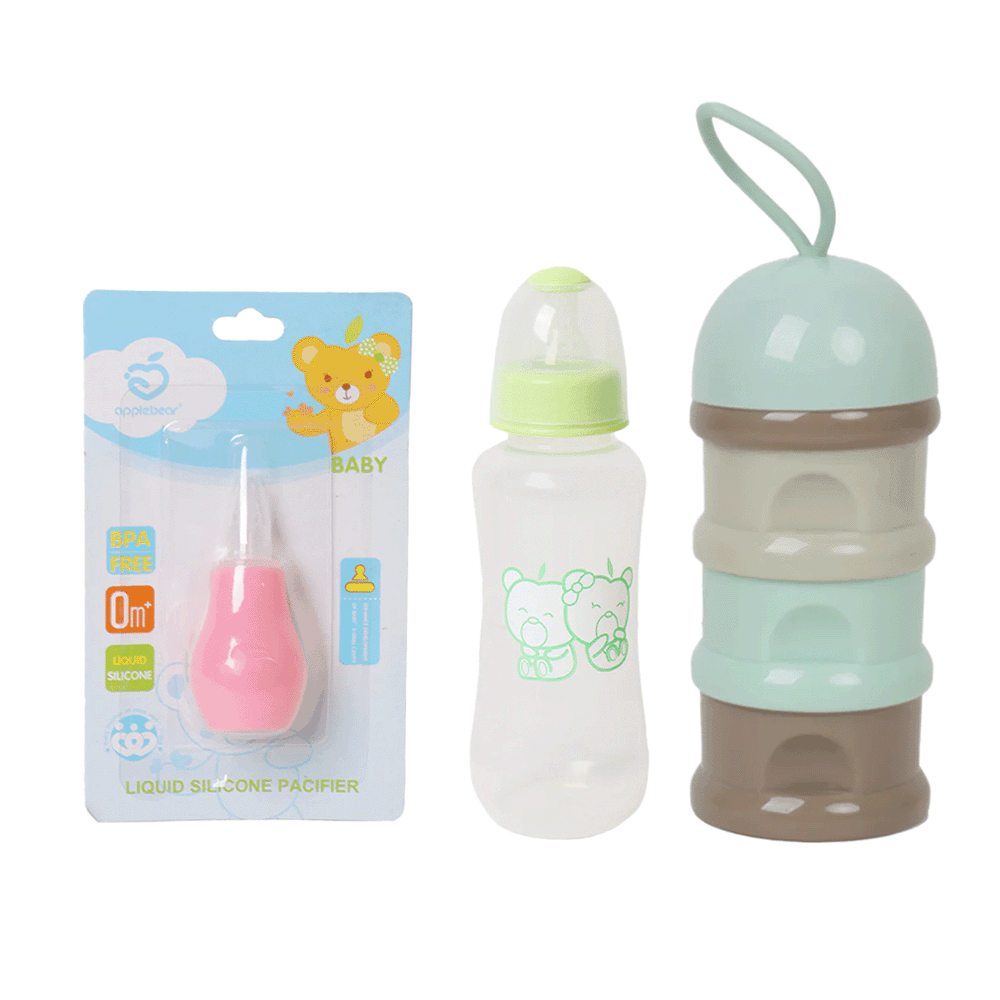 باكج 3× 1 أبل بير شفاط شفاط أنف سيلكون للرضع ، رضاعة بلاستيكية بدون مقبض 280 مل وحافظة مسحوق حليب الأطفال بـ 3 طبقات -موديل AB-17