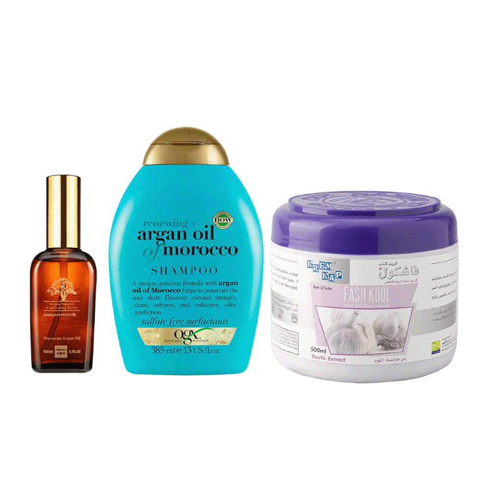 باكج 3×1 أو جي إكس شامبو للتجديد والغني بزيت الأرغان المغربي 385 مل ،ارغان ميداس زيت ارغان طبيعي 100مل وفاشكول حمام زيت بخلاصة الثوم - 500 مل