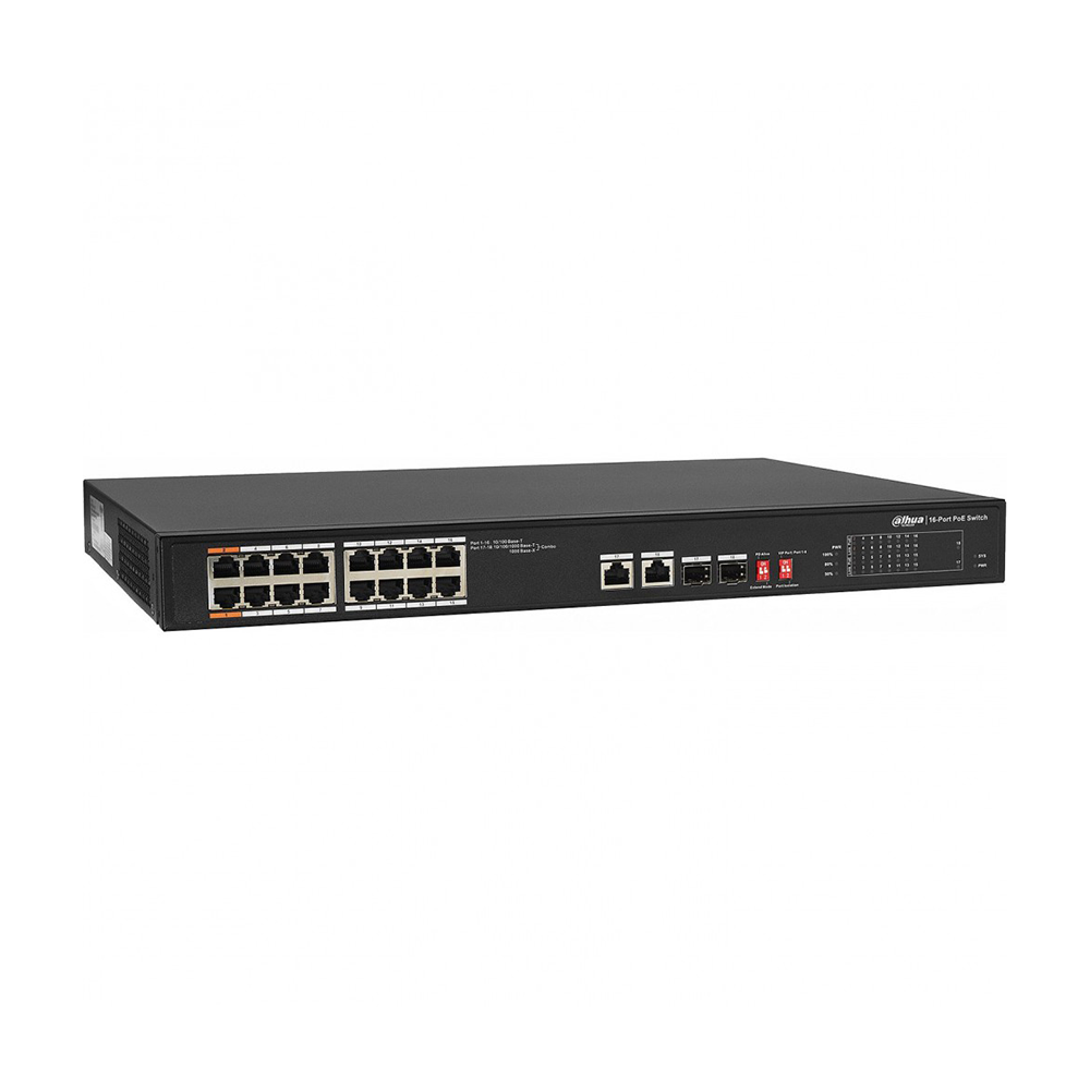 داهوا سواتش محول مع 16 منفذ بسرعة 100 ميجابت و2 منافذ SFP Uplink بسرعة 1000 ميجابت موديل DH-PFS3218-16ET-135 - أسود