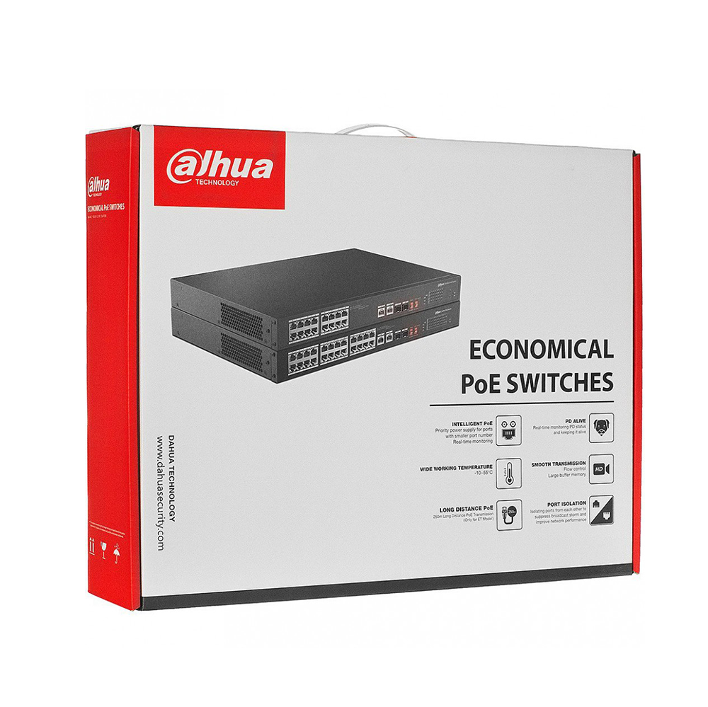 داهوا سواتش محول مع 16 منفذ بسرعة 100 ميجابت و2 منافذ SFP Uplink بسرعة 1000 ميجابت موديل DH-PFS3218-16ET-135 - أسود