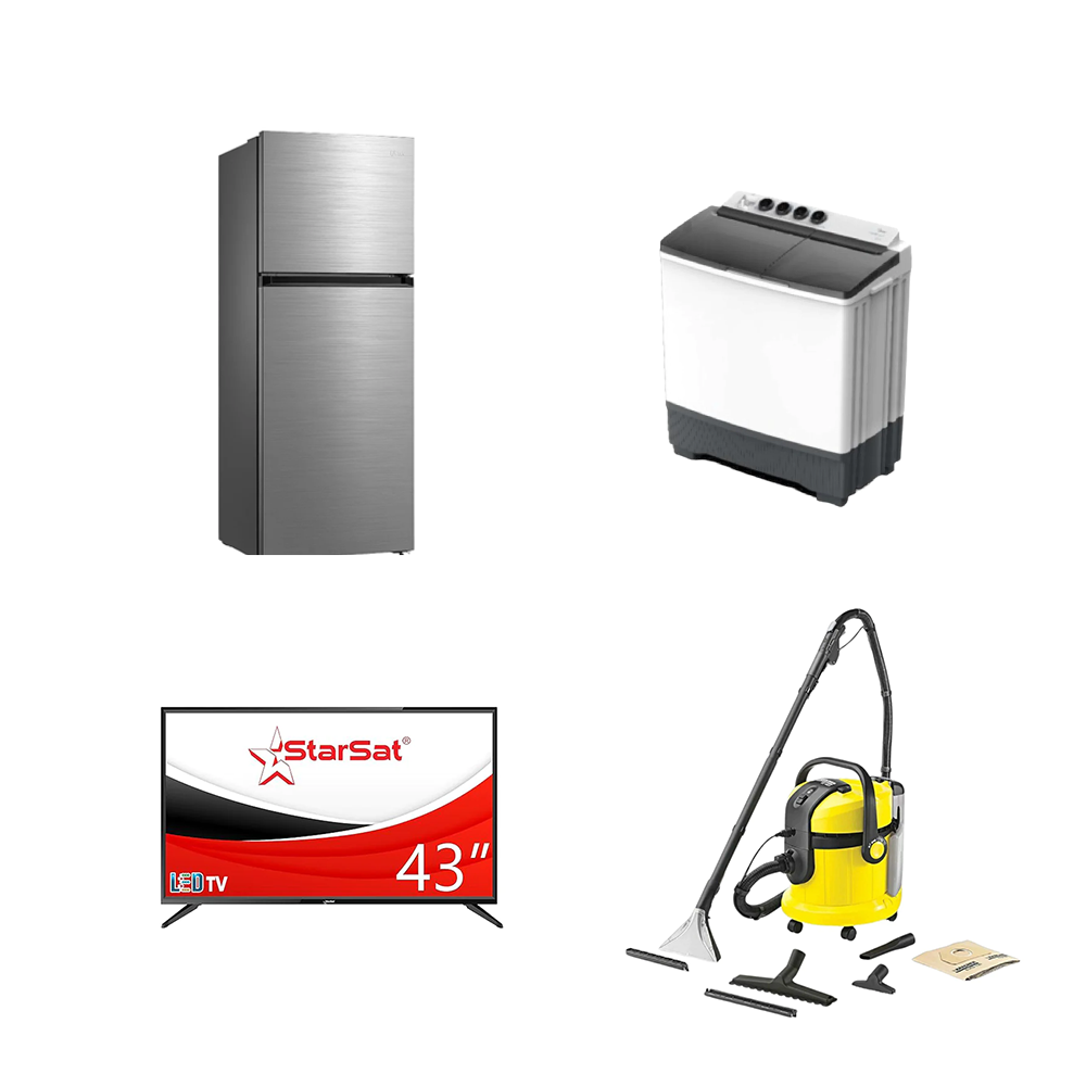 باكج ميديا غسالة كهربائية سعة 12 كجم موديل MT100W120/W-GCC + كارشر مكنسة كهربائية كنس وغسل سعة 25 لتر موديل4001+ ميديا ثلاجة كهربائية بخار سعة 365 لتر موديل MDRT645MTE46 + ستار سات تلفزيون سمارت 43 بوصة 