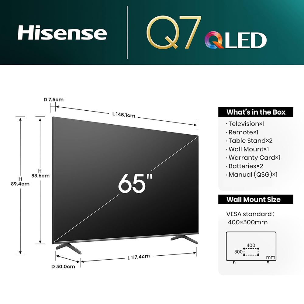 هايسنس تلفزيون ذكي Q7N Series 4K Ultra HD QLED مقاس 65 بوصة قوة 240 وات موديل 65Q7N - أسود