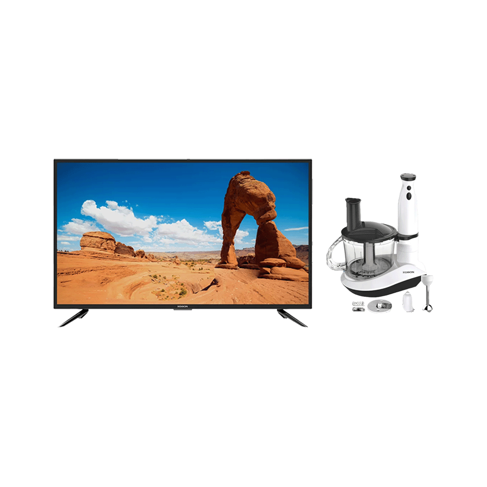 هيدسون تلفزيون سمارت ضد الكسر مقاس 55 بوصة قوة 65 وات موديل HLD-P55UHS-4K-8G + هدسون محضرة طعام بقوة 200 وات 5 قطع موديل HFP-195 