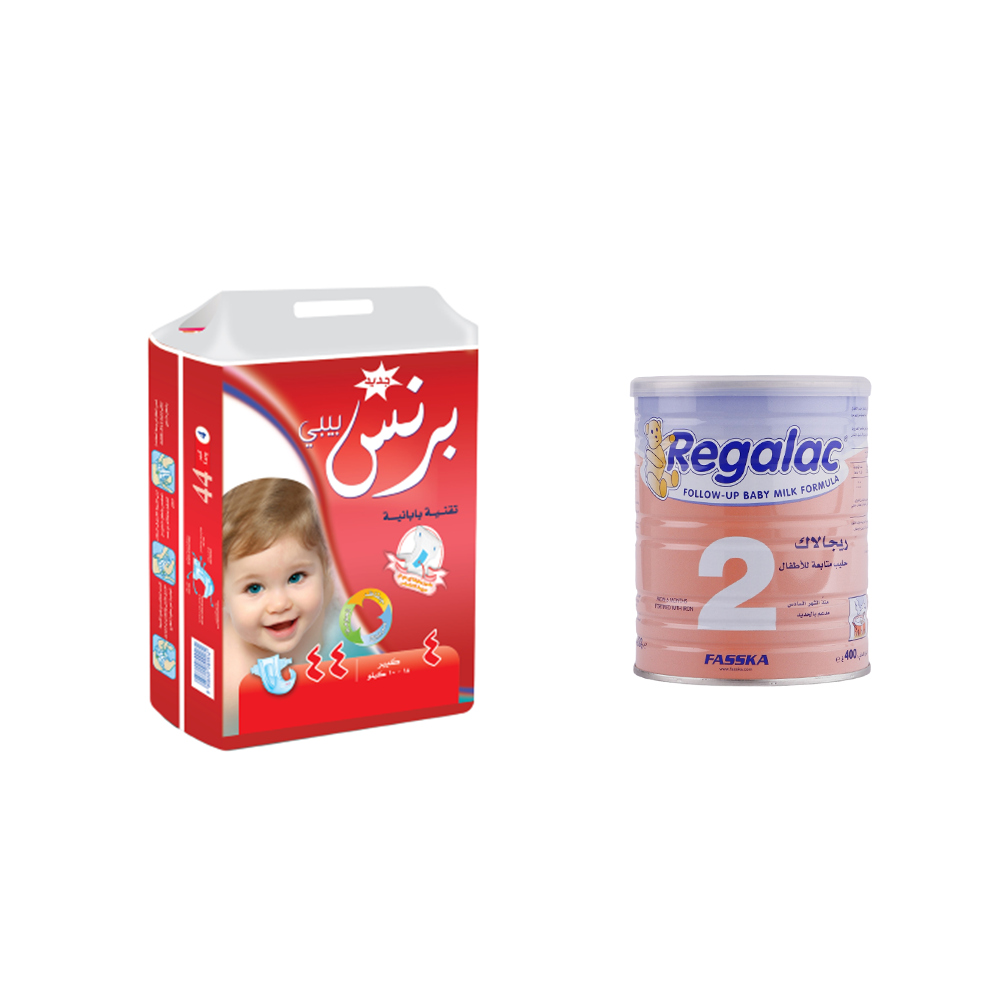 باكج برنس بيبي حفاظات كبير 10-18 كيلو 44 حبة + ريجلاك حليب أطفال رقم 2 مدعم بالحديد 400 جرام