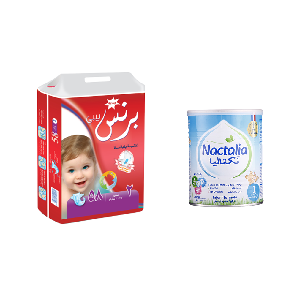 باكج برنس بيبي حفاظات صغير 3,5-7 كيلو 58 حبة + نكتاليا حليب أطفال رقم 1 للرضع 400 جم