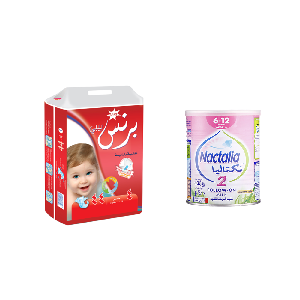 باكج برنس بيبي حفاظات كبير 10-18 كيلو 44 حبة + نكتاليا حليب أطفال رقم 2 للمرحلة الثانية 400 جم