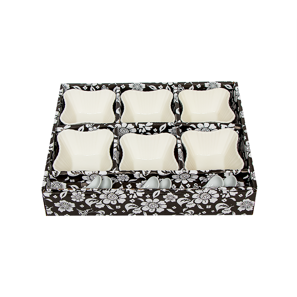 طقم مطايب سيراميك مربع مع الملاعق - 12 قطعة