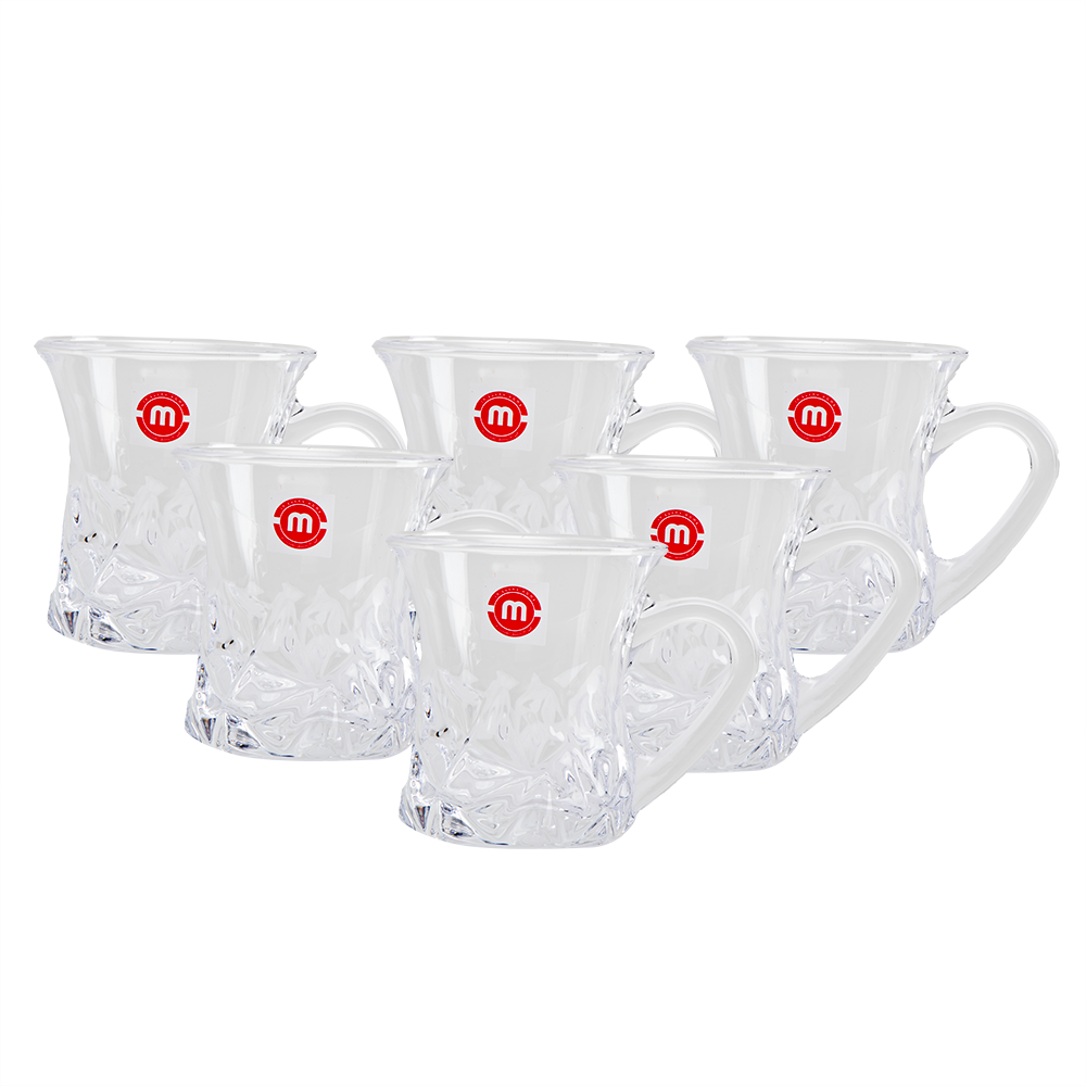 طقم كاسات شاي  زجاجية بنمط سداسي اسفل الكاس - 6 قطع