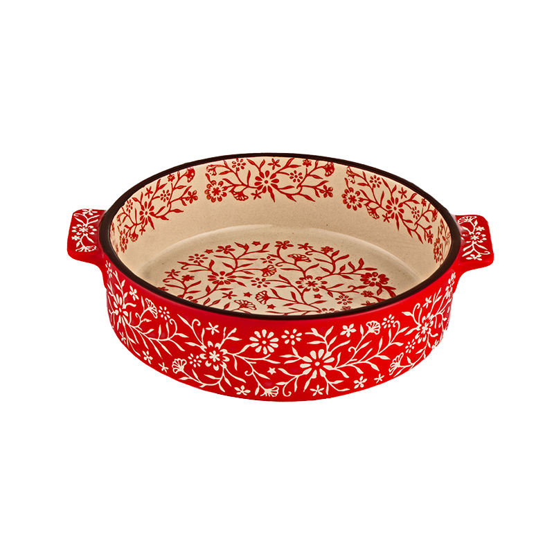 داني هوم صحن بورسلان دائري مزخرف بمقبضين جانبيين - أحمر 